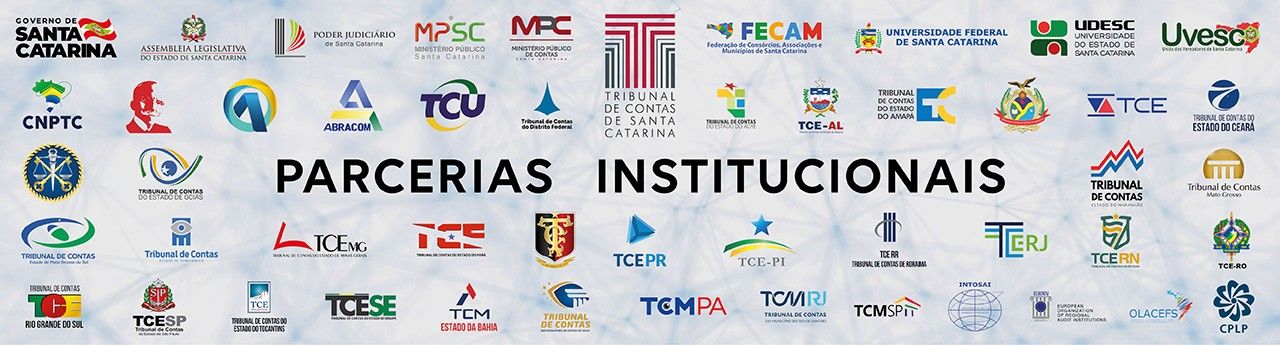 Banner com a imagem de diversos logotipos de instituições que mantém parceria com o TCE/SC, entre elas, órgãos dos Poderes Executivo, Legislativo e Judiciário, Ministério Público, Tribunais de Contas e entidades representativas. Ao centro, o título Parcerias Institucionais.