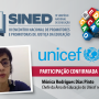 Banner com as logomarcas do evento e com a foto da representante do Unicef a chefe da Área de Educação da entidade no Brasil, Mônica Rodrigues Dias Pinto